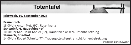 Anzeige von Totentafel vom 10.09.2025 von MGO