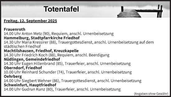 Anzeige von Totentafel vom 12.09.2025 von MGO