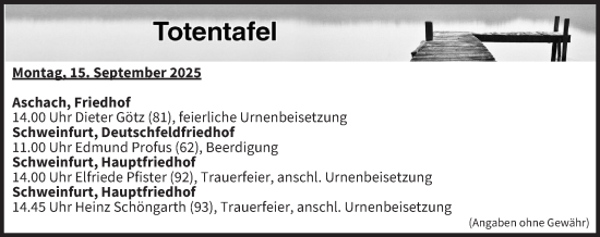 Anzeige von Totentafel vom 15.09.2025 von MGO