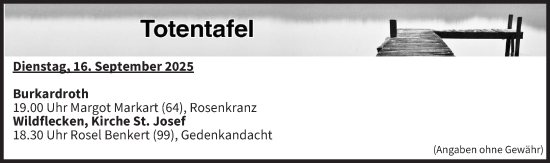 Anzeige von Totentafel vom 16.09.2025 von MGO