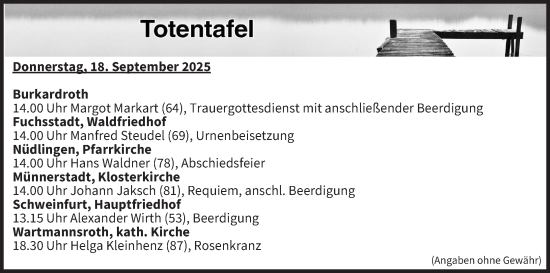 Anzeige von Totentafel vom 18.09.2025 von MGO