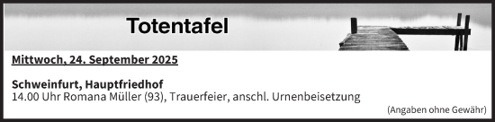 Anzeige von Totentafel vom 24.09.2025 von MGO