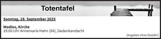 Anzeige von Totentafel vom 27.09.2025 von MGO