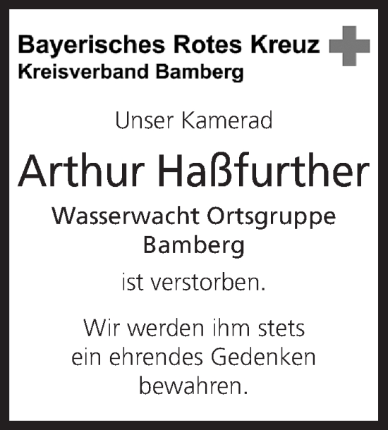 Anzeige von Arthur Haßfurther von MGO