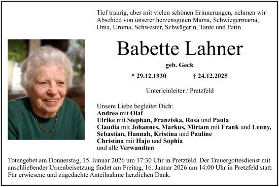 Anzeige von Babette Lahner von MGO