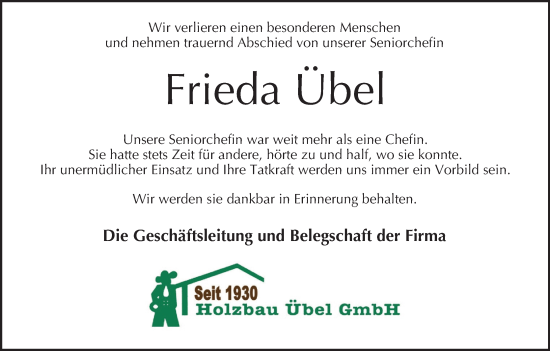 Anzeige von Frieda Übel von MGO
