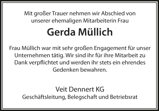 Anzeige von Gerda Müllich von MGO
