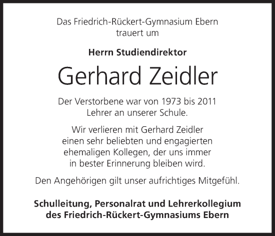 Anzeige von Gerhard Zeidler von MGO