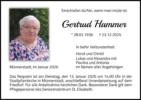 Anzeige von Gertrud Hammer von MGO