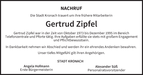 Anzeige von Gertrud Zipfel von MGO