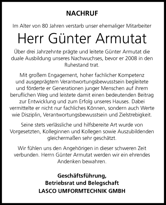 Anzeige von Günter Armutat von MGO