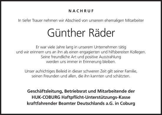 Anzeige von Günther Räder von MGO
