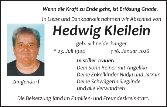 Anzeige von Hedwig Kleilein von MGO