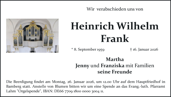 Anzeige von Heinrich Wilhelm Frank von MGO