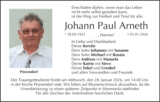 Anzeige von Johann Paul Arneth von MGO