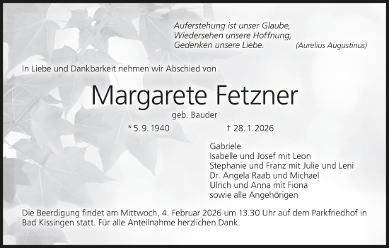 Anzeige von Margarete Fetzner von MGO