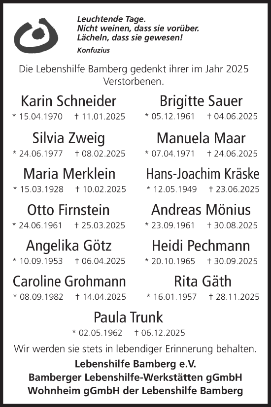 Anzeige von Nachruf 2025 d. Lebenshilfe Bamberg e.V. von MGO