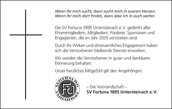 Anzeige von Nachruf d. SV Fortuna 1895 Untersteinach e. V. 2025  von MGO