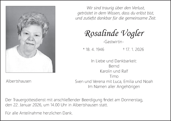 Anzeige von Rosalinde Vogler von MGO