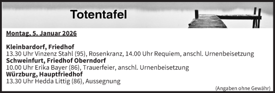 Anzeige von Totentafel vom 05.01.2026 von MGO