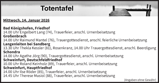 Anzeige von Totentafel vom 14.01.2026 von MGO