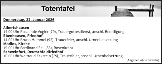 Anzeige von Totentafel vom 22.01.2026 von MGO