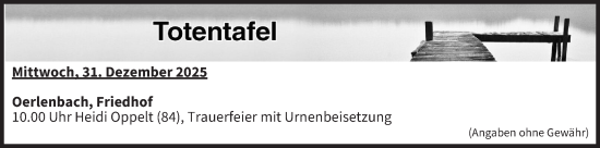 Anzeige von Totentafel vom 31.12.2025 von MGO