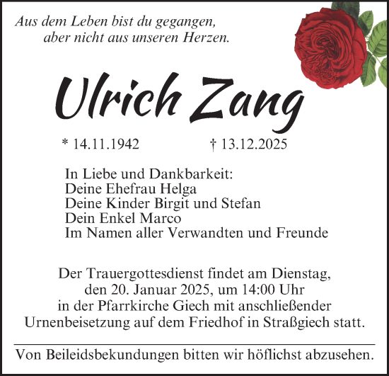 Anzeige von Ulrich Zang von MGO