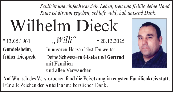 Anzeige von Wilhelm Dieck 