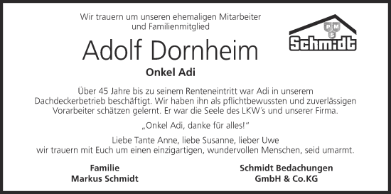 Anzeige von Adolf Dornheim von MGO