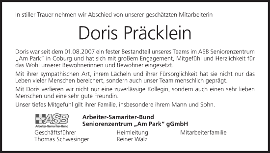 Anzeige von Doris Präcklein von MGO