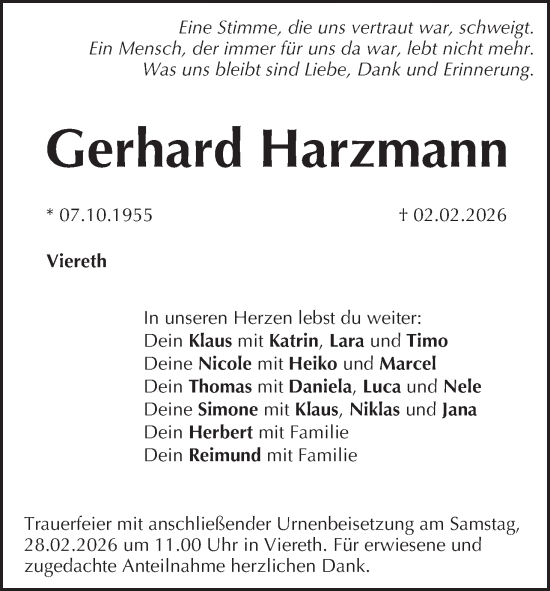 Anzeige von Gerhard Harzmann von MGO