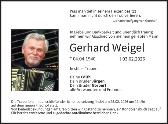 Anzeige von Gerhard Weigel von MGO
