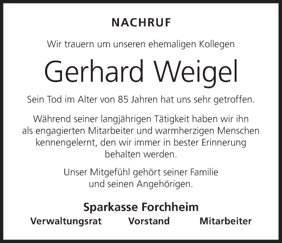 Anzeige von Gerhard Weigel von MGO