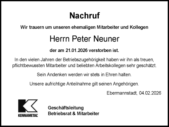 Anzeige von Peter Neuner von MGO