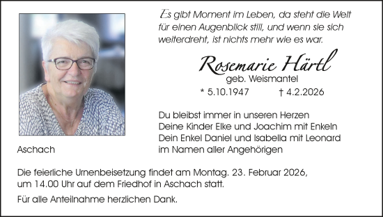 Anzeige von Rosemarie Härtl von MGO
