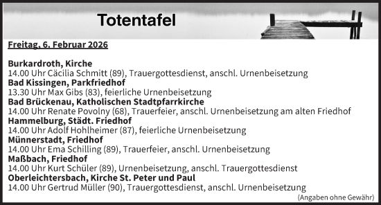 Anzeige von Totentafel vom 06.02.2026 von MGO