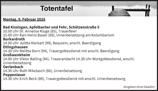 Anzeige von Totentafel vom 09.02.2026 von MGO
