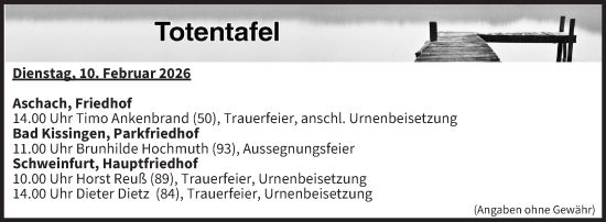 Anzeige von Totentafel vom 10.02.2026 von MGO