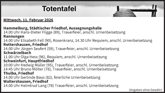 Anzeige von Totentafel vom 11.02.2026 von MGO