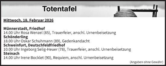 Anzeige von Totentafel vom 18.02.2026 von MGO