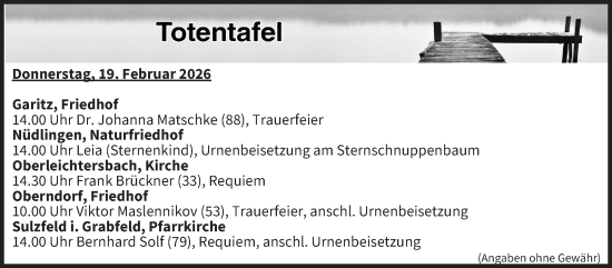 Anzeige von Totentafel vom 19.02.2026 von MGO