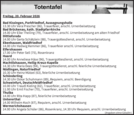 Anzeige von Totentafel vom 20.02.2026 von MGO