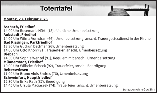 Anzeige von Totentafel vom 23.02.2026 von MGO