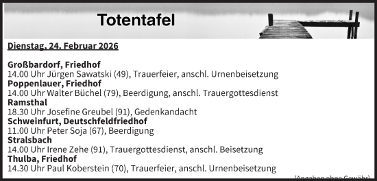 Anzeige von Totentafel vom 24.02.2026 von MGO