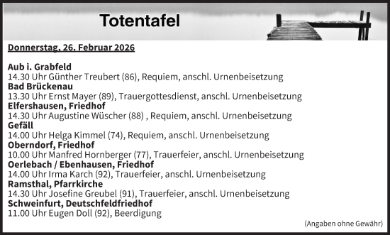 Anzeige von Totentafel vom 26.02.2026 von MGO
