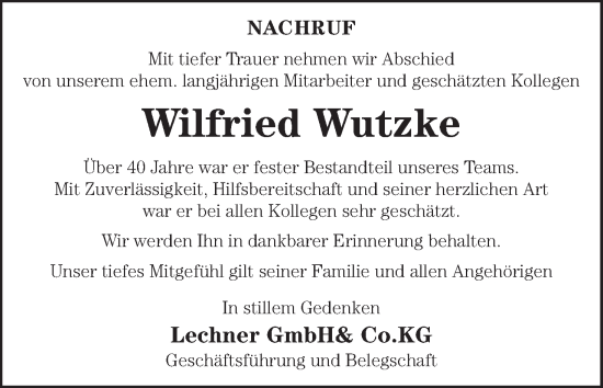 Anzeige von Wilfried Wutzke von MGO