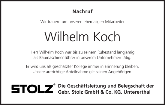 Anzeige von Wilhelm Koch von MGO