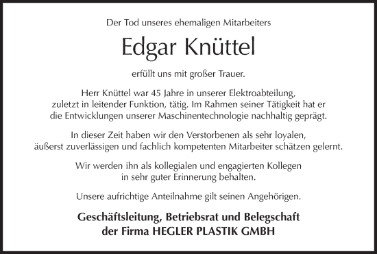 Anzeige von Edgar Knüttel von MGO
