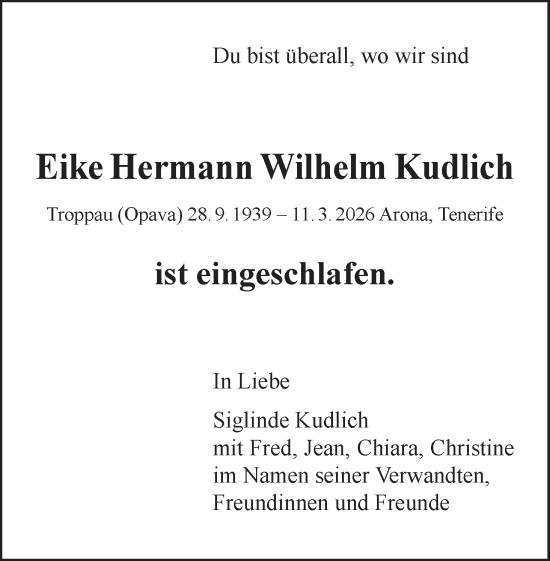 Anzeige von Eike Hermann Wilhelm Kudlich von MGO